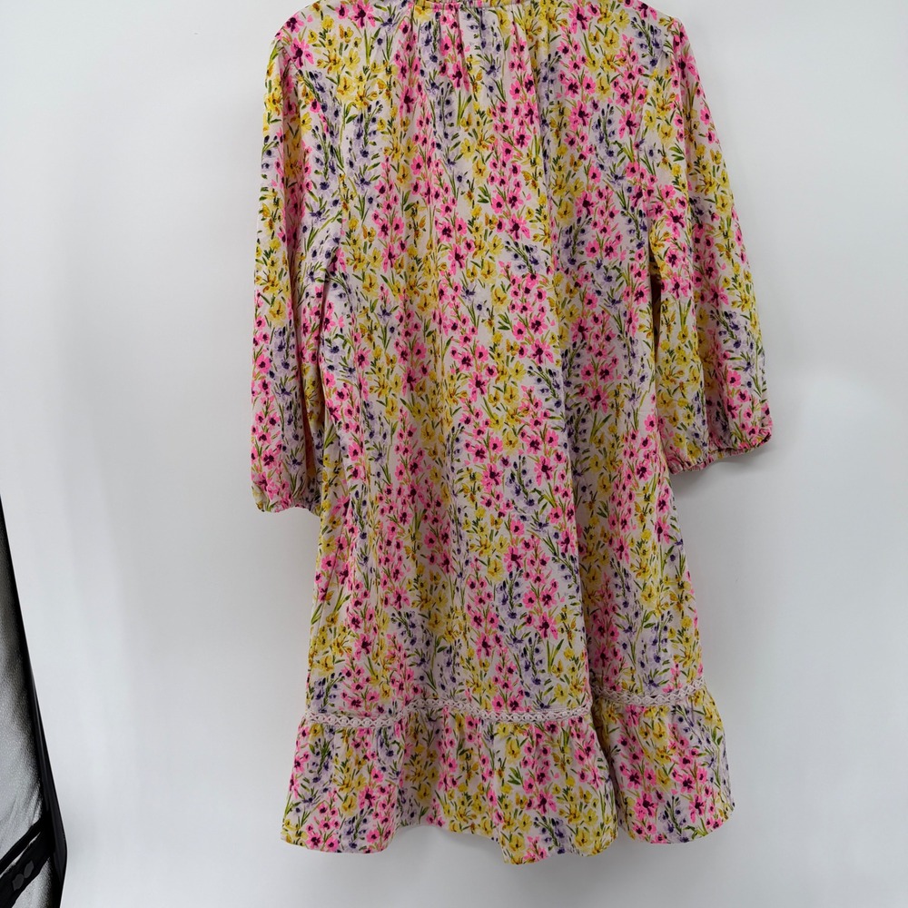 Crown & Ivy Womens 2X Pink Yellow Floral Ruffle Neck Tassel Shift Dress - Picture 5 of 7